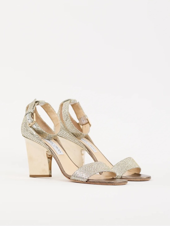 Jimmy Choo Shoes - Jimmy Choo Edina 85 mm champagne Metallic Gold Glitter Ankle-Strap Block Heels